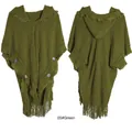 Knitted hooded poncho sweater in green with tassel edges and button detail, 05# Green - Green / 85*190cm