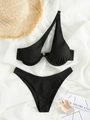 Chic black one-shoulder ribbed bikini set with underwire support for women - XS / Black