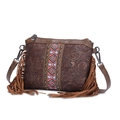 Bohemian dark brown PU leather crossbody bag with floral embossing and side tassels - Chestnut