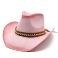 Pink western straw cowboy hat with brown braided band and wide curved brim on white background - M (56-58cm) / Rose Pink (Gradient)
