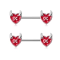 Piercings de téton cœur de diable gothique en émail rouge et acier inoxydable poli - Cœur avec Cornes de Diable