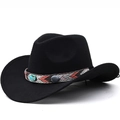 Cappello da cowboy in feltro nero con fascia etnica decorata con turchese - M (56-58 cm) Regolabile / Stile 3 Nero
