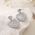 Minimalist silver heart earrings with sparkling zircon on natural white stone base - Radial Texture Heart Silver Style (45416) / Silver