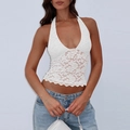 Eng anliegendes weißes Neckholder-Top aus Spitze mit rückenfreiem Design und Saum - S / Weiß