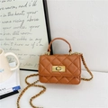 Brown quilted leather mini crossbody bag with gold chain strap for kids in Korean style - Brown
