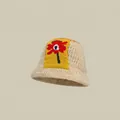 Beige knit bucket hat featuring yellow square patch with red floral accent - One Size / Single Flower Beige