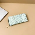 Long PU leather wallet with green chain pattern and gold zipper in 45-degree view - Light Green