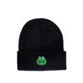 Detail of cute green frog embroidery on the cuff of a black knitted beanie - M (56-58cm) / Black
