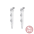Minimalist S925 sterling silver drop earrings with triple rectangular clear zircons - Long Chain Drop Earrings SE238 / Silver