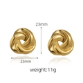 Detail view of gold twisted knot earrings with dimensions 23mm and 11g weight - Oval Twist Gold