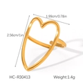 Detailed view of adjustable gold-plated heart ring with 2.56cm height measurement - Gold Elongated Hollow Heart Ring (HC-R30413)