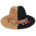 Two-tone khaki and black wool felt fedora hat with tassel, starfish, and shell details - Black Khaki With Shells Tassels