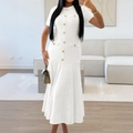 Elegante witte tweed midi-jurk met korte mouwen en gouden knopen voor dames - S / Wit