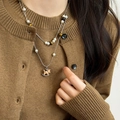Collar de doble capa con ojo de tigre, perlas y un colgante de caballo balancín de madera - Estilo de Colgante de Caballo Balancín de Doble Capa / Plata/Marrón