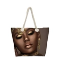 Sac de plage en toile de coton avec portrait de femme et anses en corde tressée - Femme au Maquillage Doré (jiayingstb49)