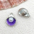 Silver shell charm pendant with purple enamel and pearl for DIY jewelry making - 12x15mm Pearl Shell / Purple