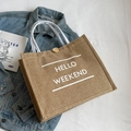 Brown linen tote bag with white cotton rope handles and HELLO WEEKEND print - Hello Weekend White Stripe Style