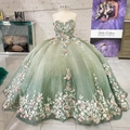 Light green ball gown princess dress with 3D floral appliques and sparkly tulle skirt - XS / Green Trailing