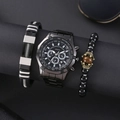 Heren Geneva kwartshorloge set met zwart stalen band en bijpassende kralen armbanden - Zwart horloge + armband