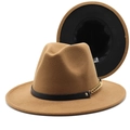 Classic camel wool fedora hat with black leather band and gold chain detail - Light Coffee + Black