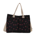 Sac fourre-tout en toile noire à motifs cerises rouges avec lanières blanches - Noir