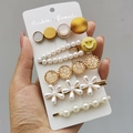Detailed shot of a 5-piece gold hair clip set with artificial pearls and resin smileys - Xiangsha Style (5 Piece Set)