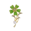 Elegant gold flower brooch with green clover rhinestones and a white pearl drop - Light Green