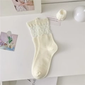 Beige crew socks with transparent lace splicing and cute bear jacquard pattern - One Size / Cat Milky White