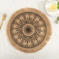 Detail of round jute placemat with black mandala print and fringe on white tablecloth - Natural Jute Tassel Black Pattern 4
