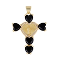 Cross pendant with black heart gems, gold center relief, and clear zircon stones - Style 34/Gold Black Heart Rhinestone Relief