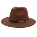Detail of brown wool fedora hat featuring a black leather band and gold metal chain - M (56-58cm) / Coffee