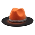 Close-up of orange to black gradient wool felt hat with silver rhinestone band decoration - Orange Yellow & Black