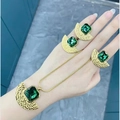 Retro emerald fan-shaped jewelry set with gold necklace and ring on model's hand - Green Zirconia Set