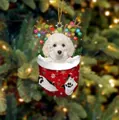 Weihnachtsanhänger Hund im Nikolausstiefel, weißer Pudel mit Rentiergeweih und Lichtern - Weißer Pudel