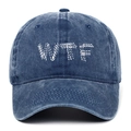 Casquette de baseball en jean délavé bleu foncé avec broderie WTF blanche sur fond blanc - Taille unique / Bleu Marine