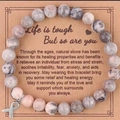 Pink zebra jasper beaded bracelet with silver ribbon charm on an inspirational card - Gray Pink Ribbon Card Style