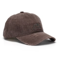 Detail of frayed edges and COQUEST embroidery on washed dark brown cotton baseball cap - One Size / Washed Dark Brown (E)