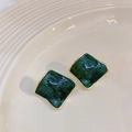 Vintage green enamel square stud earrings with gold plating on a ceramic tray - Dark Green