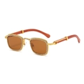Quadratische goldene Diamant-Sonnenbrille mit Holzmaserung-Bügeln und braunen Gläsern - Goldener Rahmen Teefarbene Linse