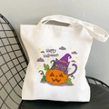 Détail du sac cabas blanc pour Halloween avec motif de chat de dessin animé et citrouille - Chat Violet Chapeau de Sorcière Style 14