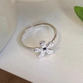 Adjustable S925 sterling silver flower ring with black gemstone center in silver finish - Silver Lava Flower (JZ0224)