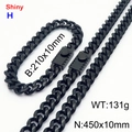Shiny black stainless steel 10mm Miami Cuban link necklace and bracelet jewelry set for men - Style C (10mm) / Bracelet 21cm + Necklace 45cm / Black