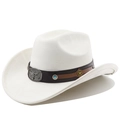 Close-up of white cowboy hat with leather band, silver bull head, and turquoise studs - Cream