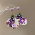 Detailed macro shot of handmade purple fabric flower earrings with green leaves and beads - Earring Post Style (81#) / Purple