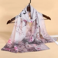 Long chiffon scarf featuring elegant grey-pink floral and bird ink printing design - Grey Pink Ink Flower Bird