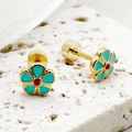 Elegant gold titanium steel flower stud earrings with turquoise enamel and screw back - Five-Petal Flower Turquoise Blue/Red