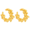 Pair of gold laurel leaf C-shape earrings with a polished finish on white background - 18k Gold Plated Wheat 9187