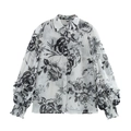 Vintage black and white print chiffon shirt with ruffled cuffs and long sleeves for women - XS / White Floral Print