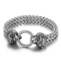 Vintage silver double-row braided men's steel bracelet featuring dual wolf heads clasp - Double Wolf Head Style (KB144588-KJX)