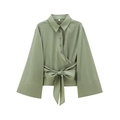 Dettaglio camicia in popeline verde lime con fiocco in vita e maniche a campana ampie - XS / Verde